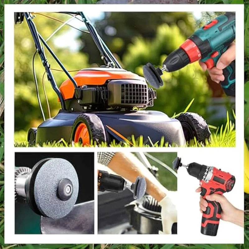 BladeMate™ Lawn Mower Blade Sharpener Tool – Universal Power Drill Attachment for Sharpening Lawn Mower, Tractor, and Garden Blades (3pcs/4pcs Set, Durable Corundum Stone)